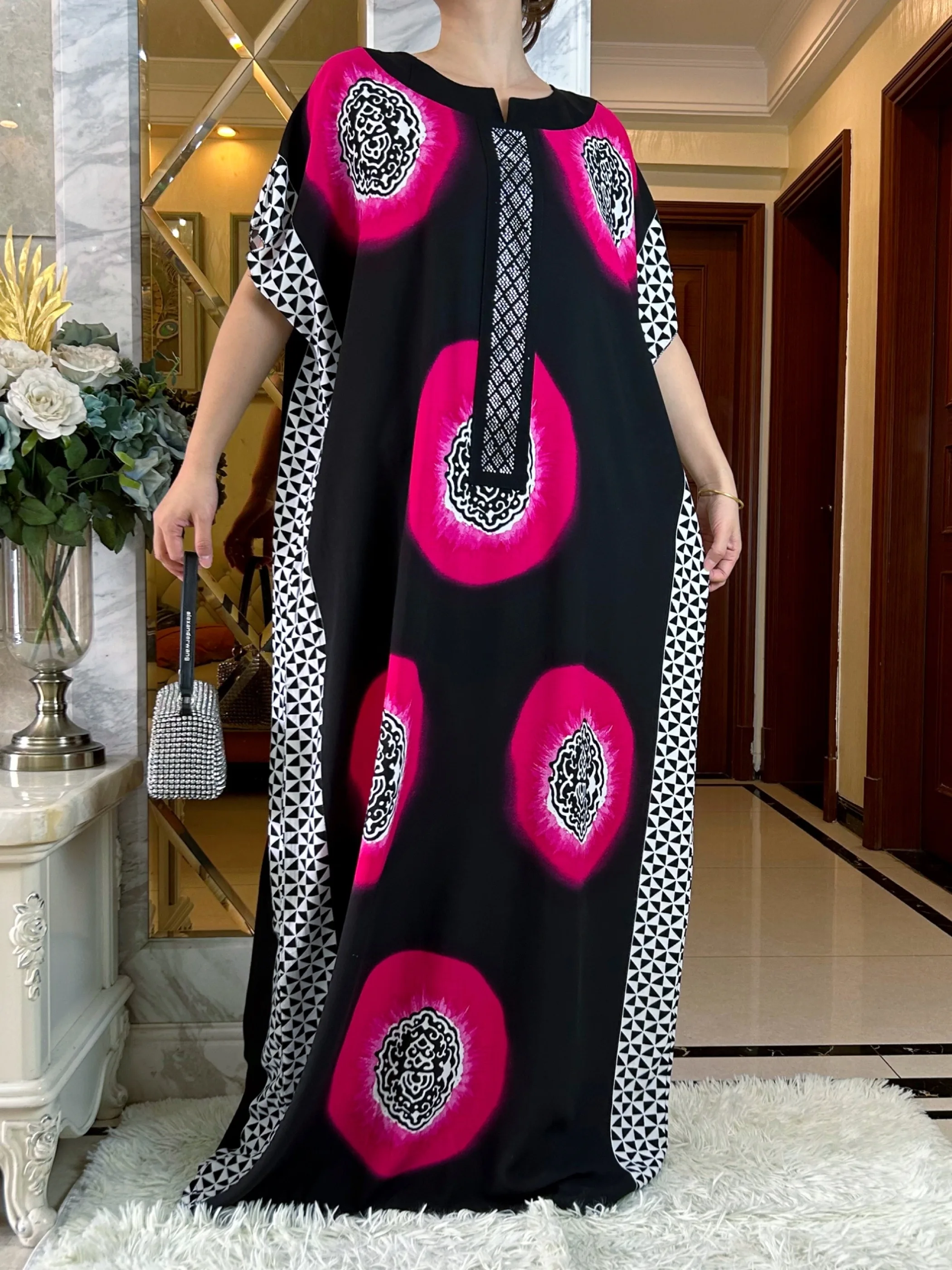 New Fashion African Maxi Short Sleeve Dress With Big Scarf Wo men Printed Loose  Cotton Robes Summer  Casual Diamonds Abaya