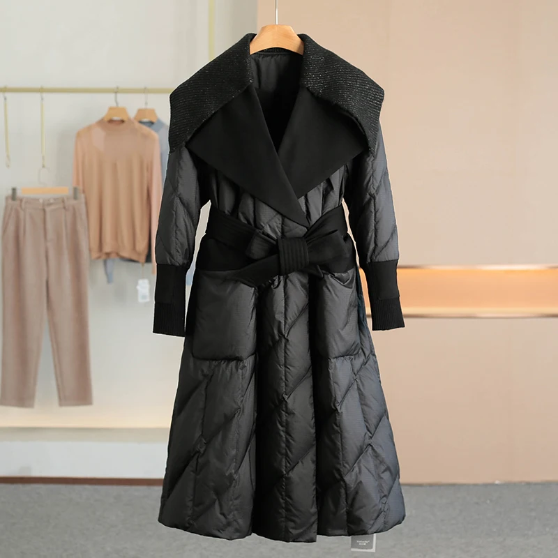 Long Goose down Jacket Knitted Splicing Collar Women's Elegant Style Winter Coat Warm Filling Large Sway Hem New Arrival