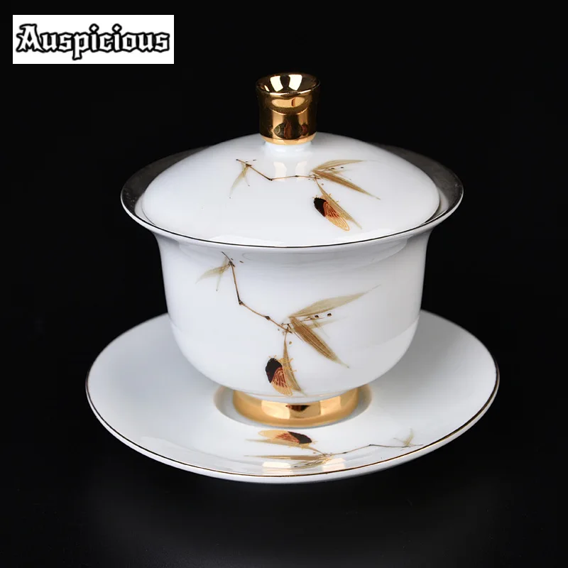 180ml Pure Gilded Silver Gaiwan Creative Hand Painted Sheep Fat Jade Cup Saucer Tea Tureen Tea Brewing Cover Bowl Teaware Craft