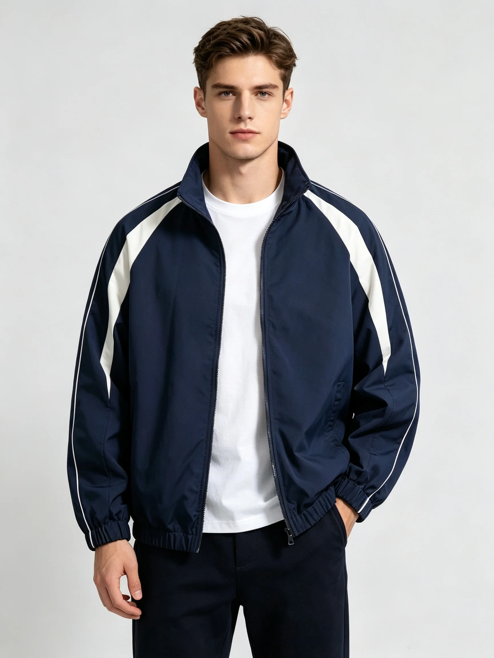 Windbreaker Men Zip - Erkek Lacivert Beyaz Renk Bloklu Fermuarlı