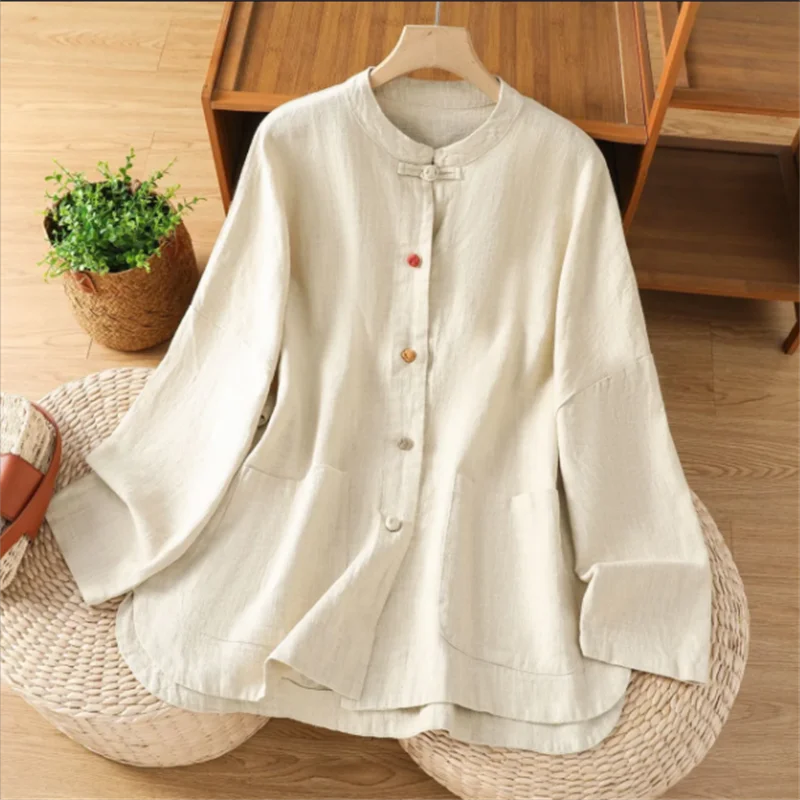 

Рубашка в стиле ретро в этническом стиле, хлопково-льняная женская блузка, свободная китайская рубашка с длинными рукавами, повседневный универсальный кардиган, топ