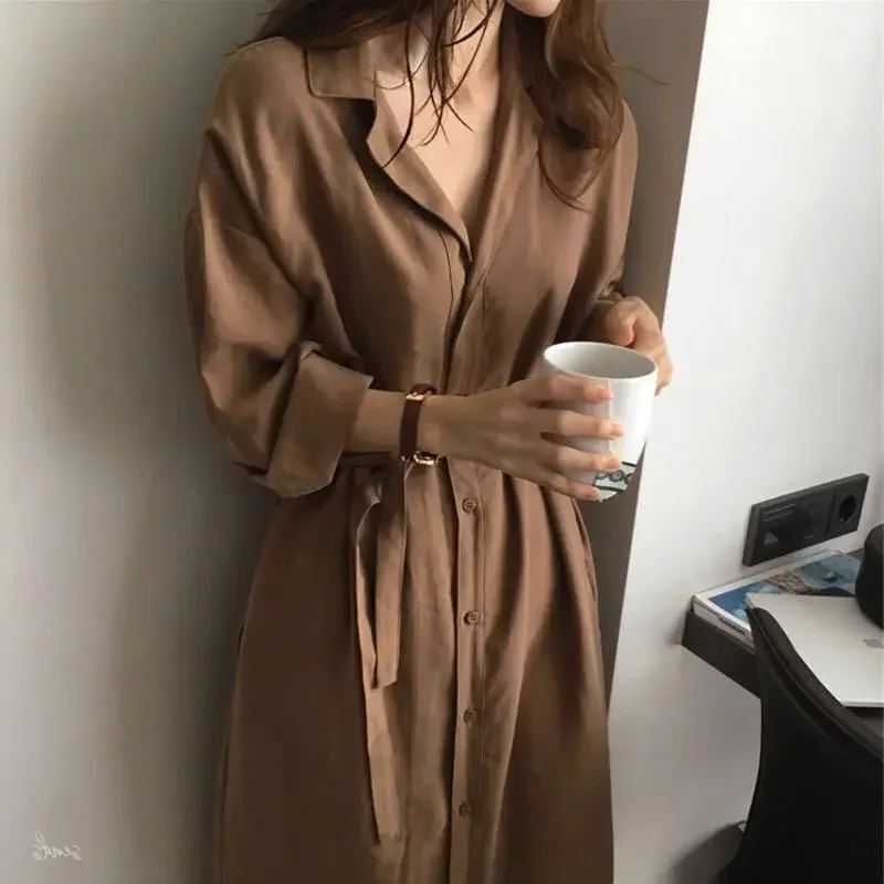 

Shirt Dress For Women Harajuku Aesthetic Vintage Clothes Woman Korean Fashion Maxi Robe Casual Dresses Long Brownblack A788