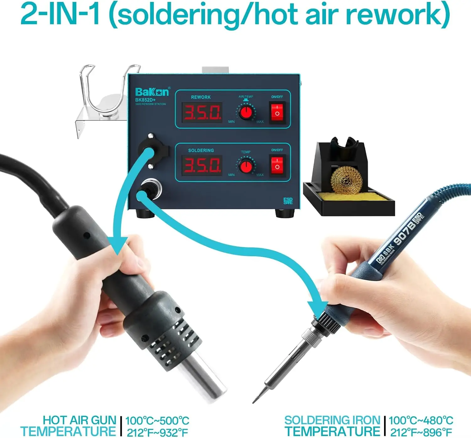 Bakon 852D+ Heat Gun And Soldering Iron 2-In-1 Kit, Smd Hot Air Rework Soldering Station, Multiple Functions Electronics Kit,