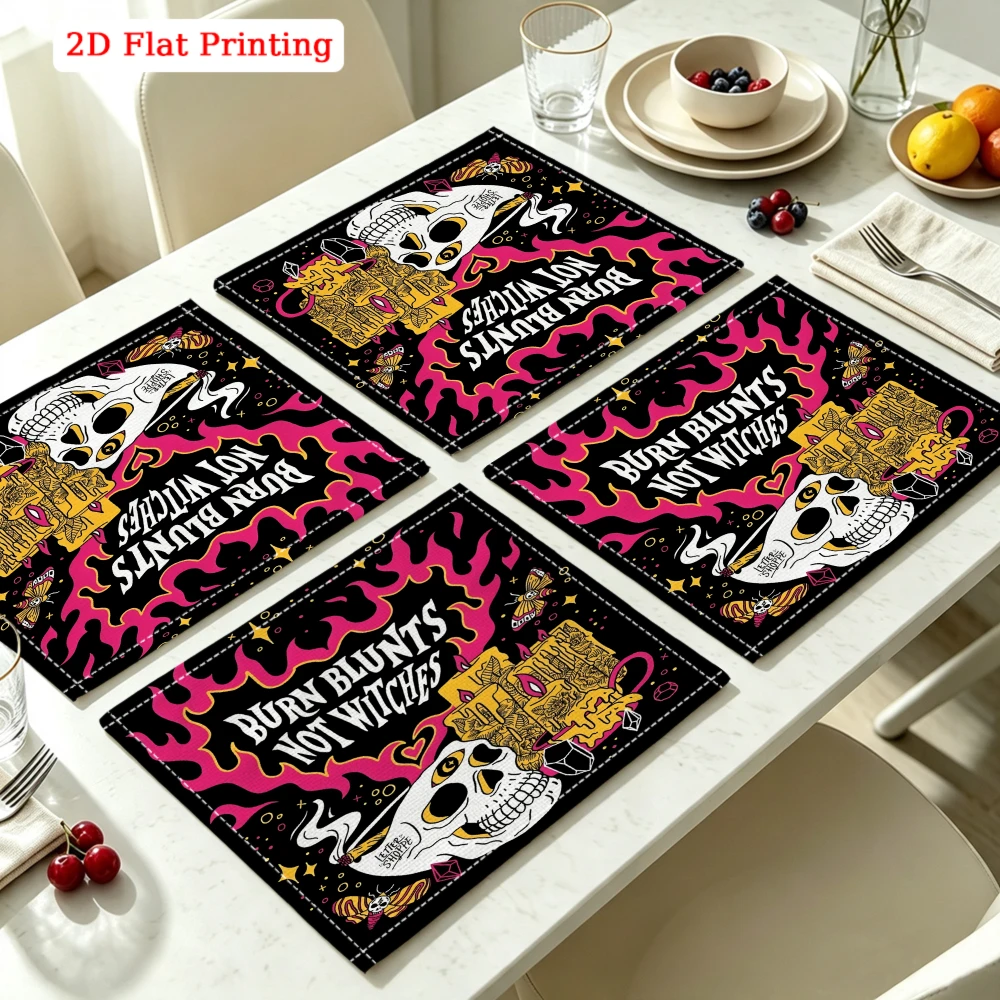 2Pcs Gothic Skull Placemat Black Pink Burn Blunt Not Witches Table Mat Kitchen Dining Decor Non Slip Heat Resistant 30X40Cm