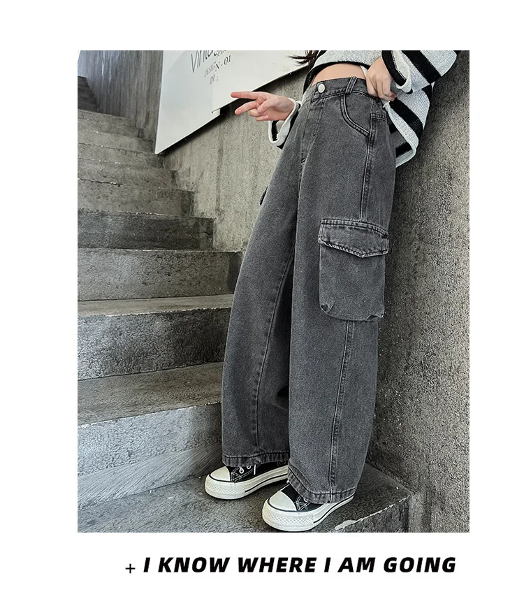 Retro Graue Cowgirl Cargo Jeans mit Taschen für Kinder, Lässige Denim-Hosen für Schule und Freizeit, Gerade Jeans für junge Mädchen – Detail 5