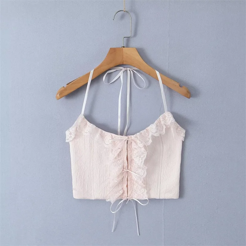 Cute Girl Sle Lace Trim Splice  Top Hanging Ne Sexy Bal Belted Versatile Slim High Waist Strap Vest for Women