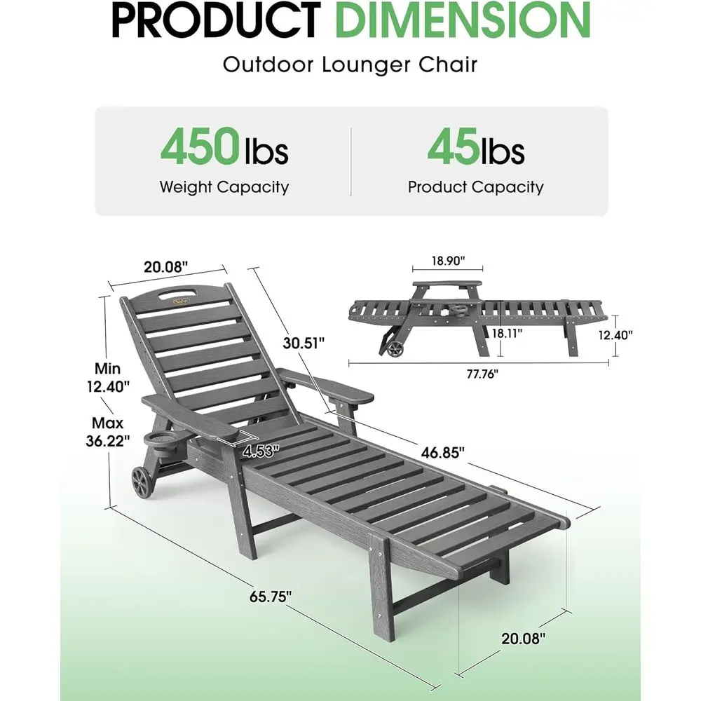 ChaiLounOutdoor, LounChair Outdoor with Wood Texture, Adjustale 5-Position ackrest, HDPE LounChair with Wheels & Cup Holder or P
