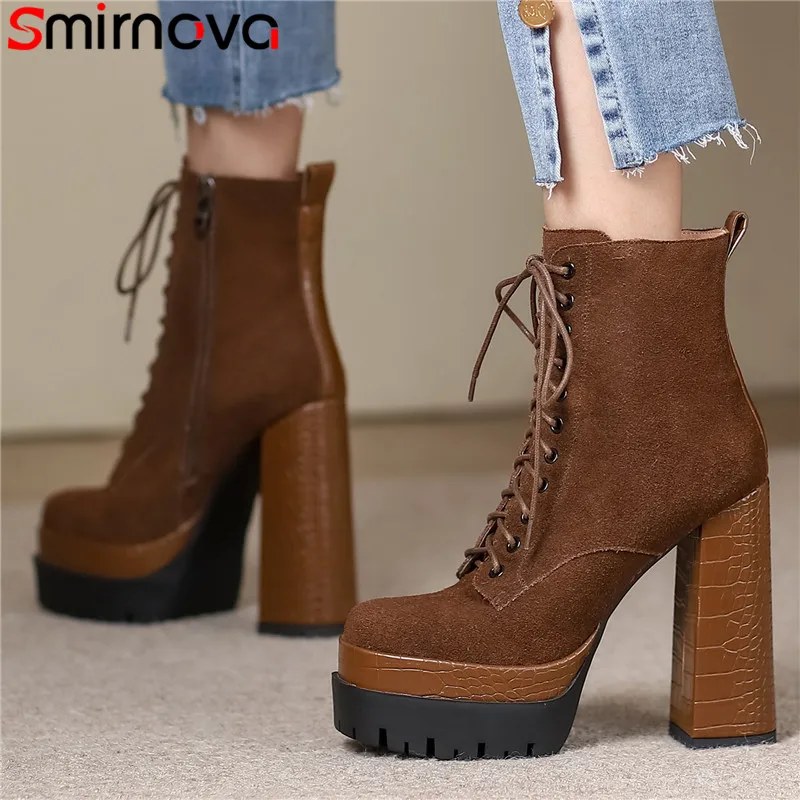 

Smirnova 2023 New Narrow Band Cow Suede Leather Ankle Boots Zipper Thick High Heels Autumn Boots Female Platform Dress Shoes