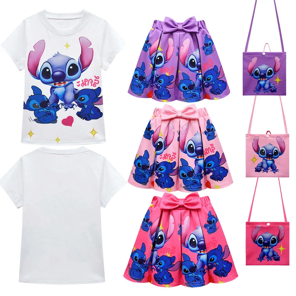 

Stitch Cosplay Costume Top Skirt Anime Cartoon Short Dress Kids Girls Kawaii Short Sleeve Bow Pleated Skirt Bag Halloween Outfit