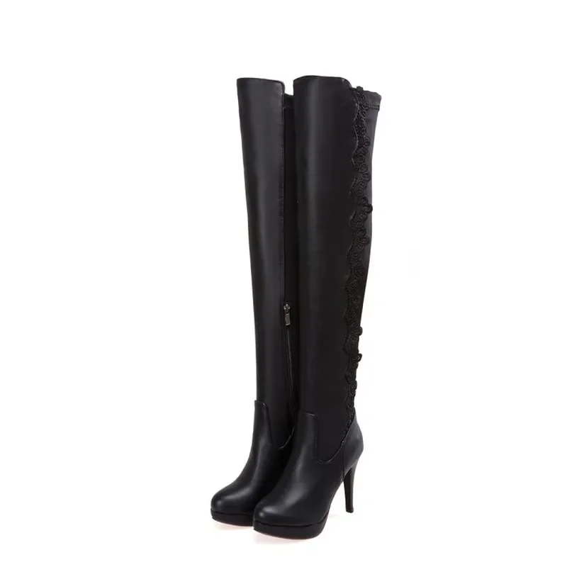 winter The New fashion Round head Fine heel Over the knee Boots Night club Lace Sexy Plus velvet Keep warm High heel Women boots