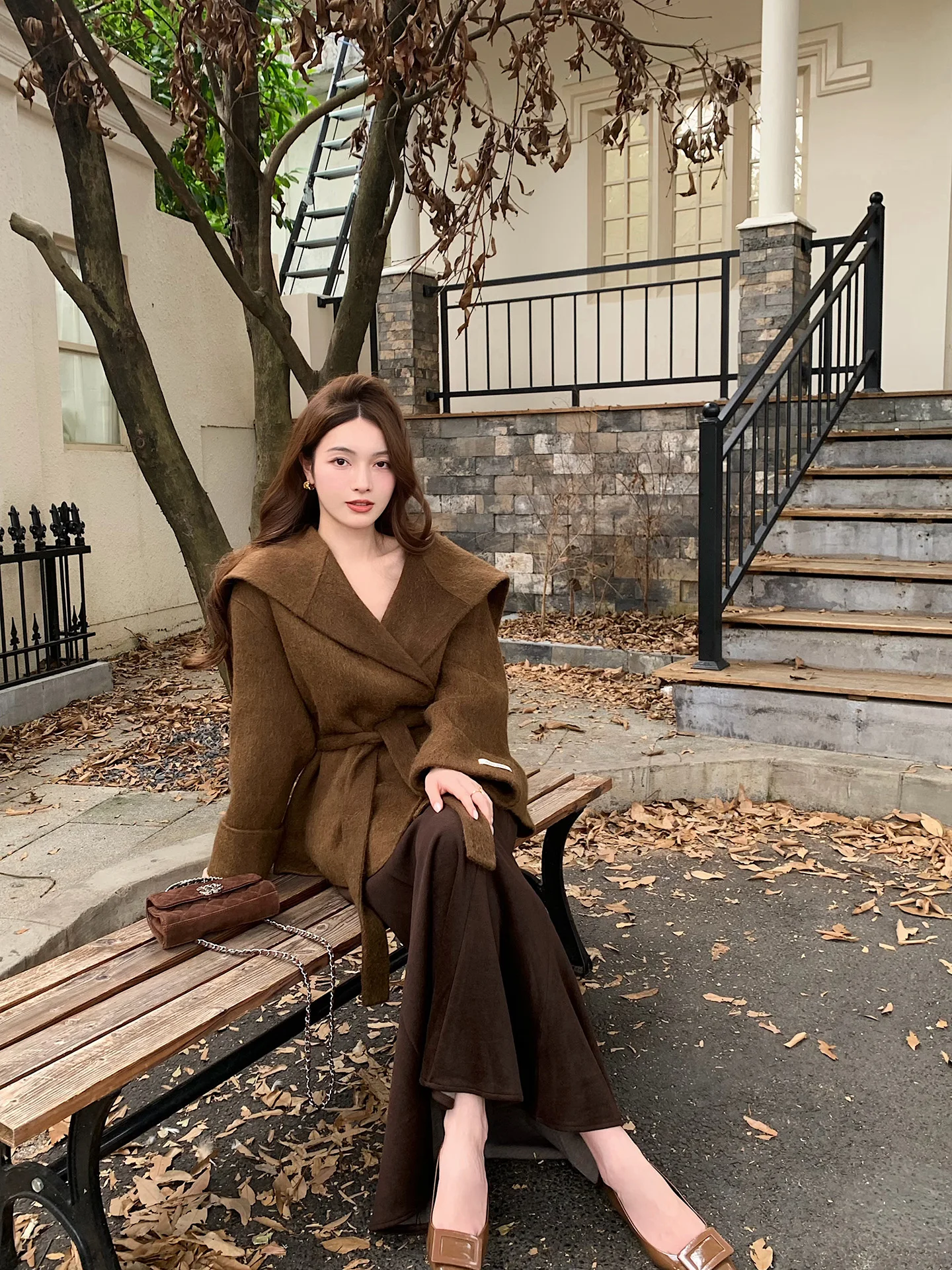 

OnlyNee Autumn Winter Double-Faced Woolen Coat Women's Stand Collar Long Sve Jaet Regular Thin Pure Color Knitwear