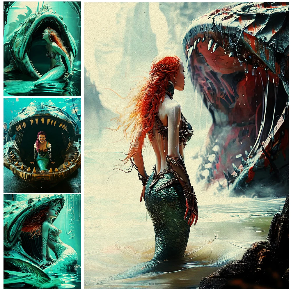 

The Red-Haired Mermaid And The Undersea Express, Vintage Wall Art Canvas Painting, Fantasy Creature, Art Poster Print Decoration