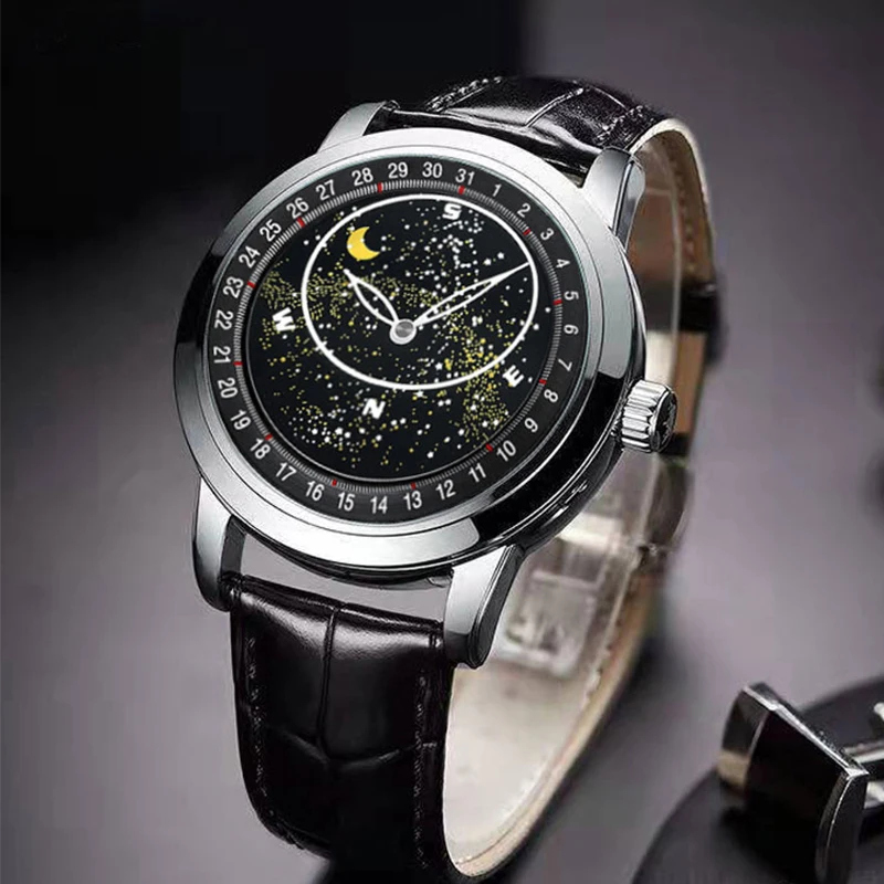 Luxury Men\'s Fully Mechanical Watch Luminous Rotatable Gypsophila Starry Dial Design Leather Strap Business All-Match Gifts 2022