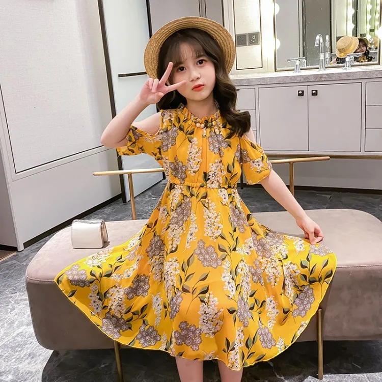 2023 New Summer mesh lace Dress Kids off shoulder mesh lace Princess teenager Girl Clothes Lapels Layer 5 7 8 6 9 11 12 14 year