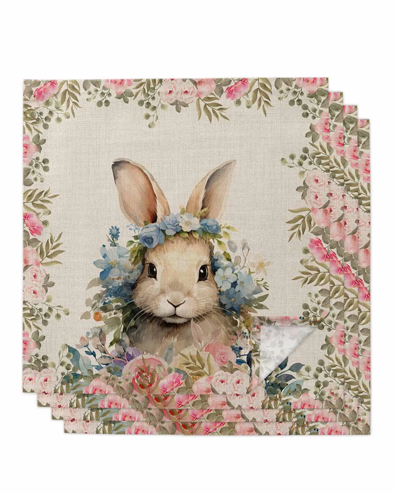 4pcs Easter Bunny Watercolor Flowers Table Napkins Cloth Set Kitchen Dinner Tea Towels Table Mat Wedding Decor Napkins