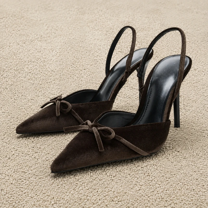 Women's Elegant Brown Suede Pointed Toe Bow Knot Slingback Stiletto High Heels Party Dress Fashion Shoes Summer 2026