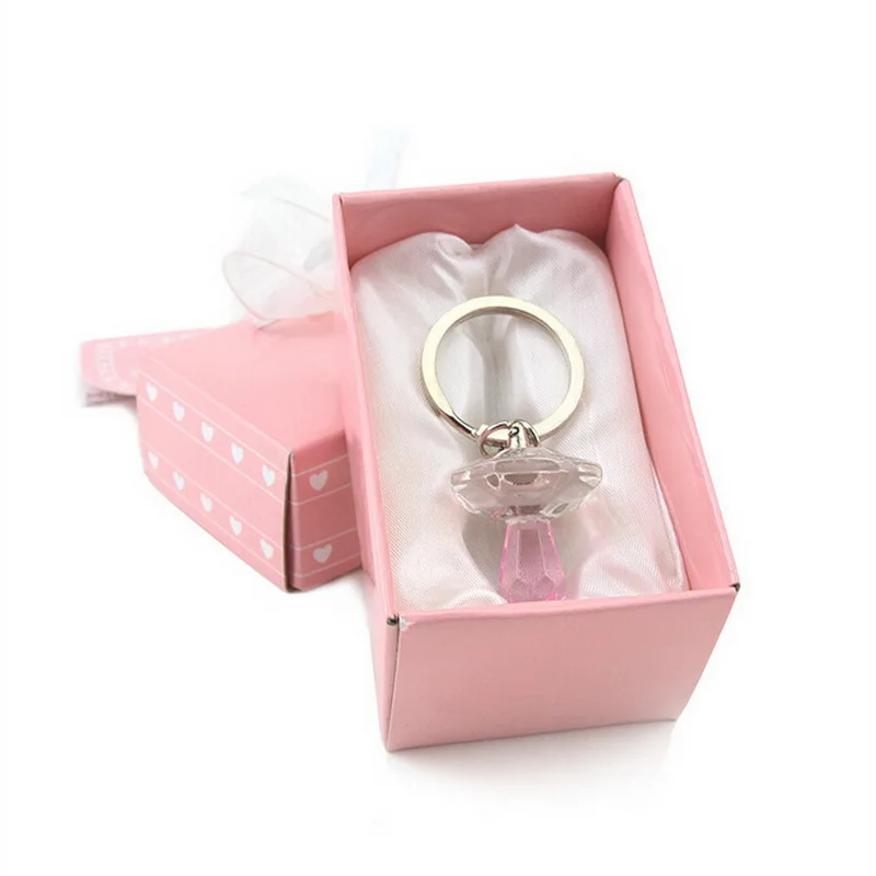 

100PCS Pink Crystal Nipple Design Crystal Pacifier Keychain Ring In Pink Gift Box Baby Shower Favors Free Shipping