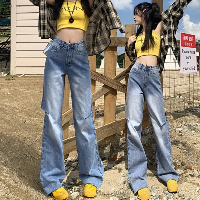 Denim Straight Hollow Out High Waist Streetwear Jeans Vintage Slight Blue Jeans Long Pants Y2k Work Summer Blue Jeans Capris