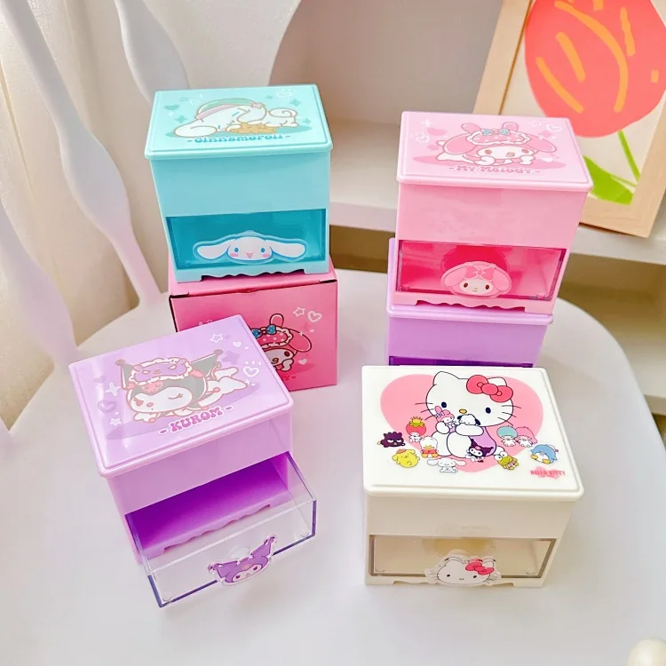 

New Sanrio Hello Kitty Desk Drawer Storage Box Kawaii Kuromi Dressing Case with Mirror Cute Cinnamoroll Girls Jewelry Box