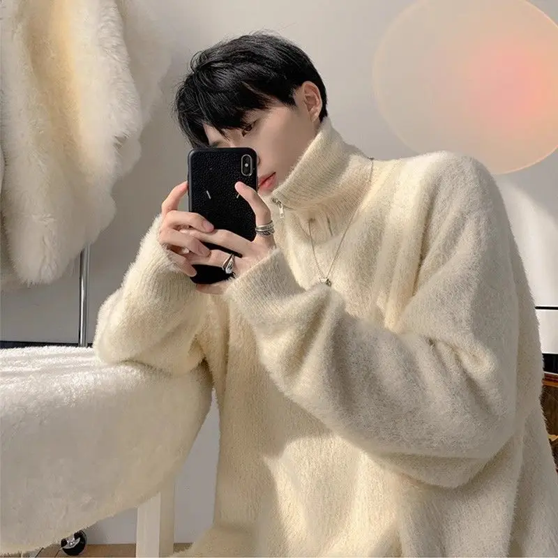 

Men's Thiened f High Collar Knitted Sweater Winter Loose Fit Lazy Sle Zipper Coat Soft Polyester Casual Knitwear
