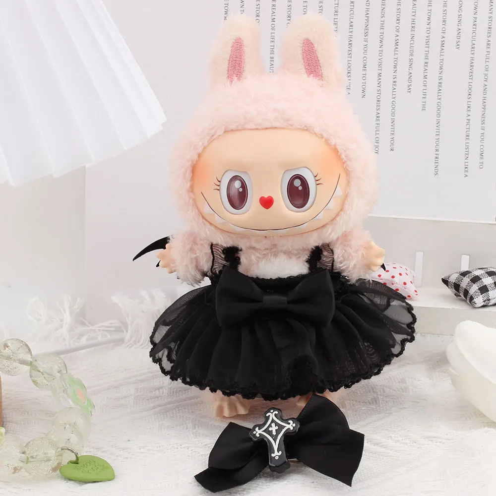 Für Labubu Puppenkleidung Ein Rock mit schwarzen Fledermausflügeln Halloween-Puppenkostüme 17 cm Kleidung Schuhe Puppe DIY-Zubehör