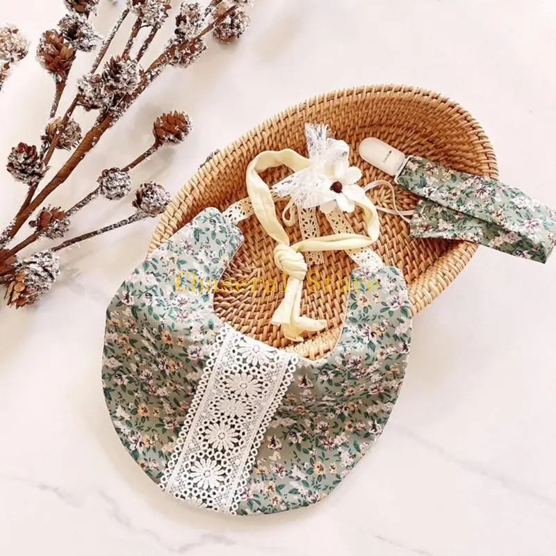 e7ce 3pcs 젖꼭지 체인 아기 머리띠 세트 꽃 프린트 신생아 면화 타월