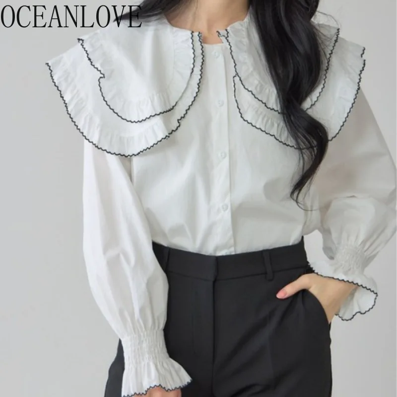 

OCEANLOVE Peter Pan Collar Women Shirts&blouses Ruffles Sweet Spring Autumn Chic Blusas Mujer Korean Fashion Retro Camisas