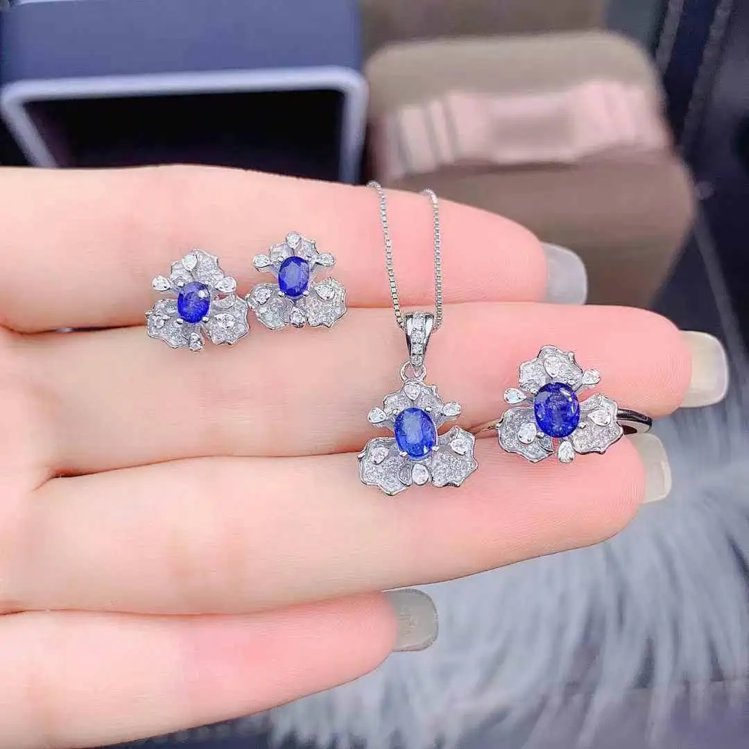 Classic Sapphire Set For Sale 925 Sterling Silver Natural Real Sapphire 1pc ring,1pc pendant,2pcs earrings