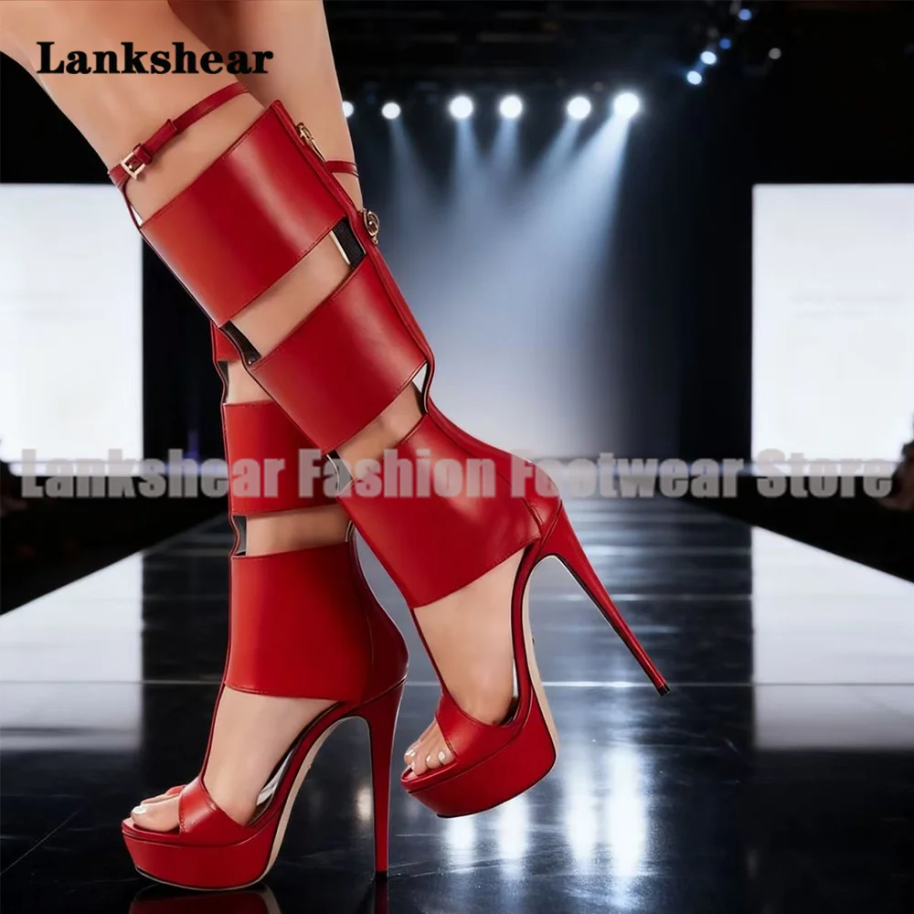 

Red Cutout Gladiator Stiletto Heels Sandals Boots Platform Back Zipper Knee-High Leather Women Shoes Sandalias De Mujer Verano