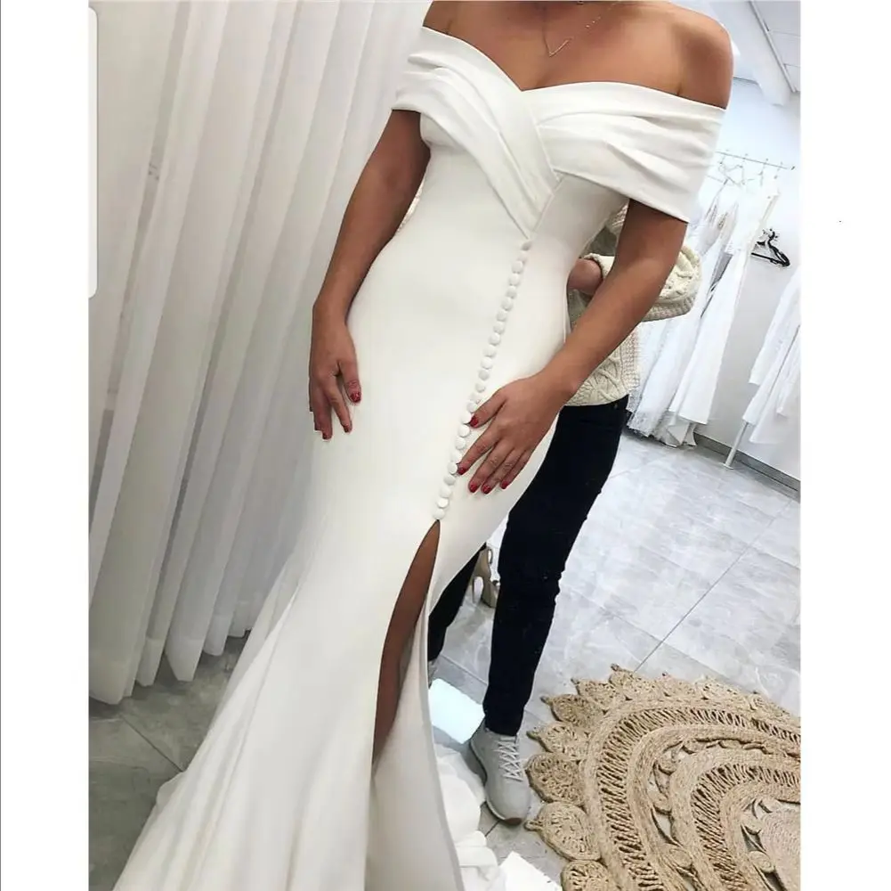 

Side Slit Sexy Mermaid Wedding Dress Off Shoulder Long Satin Simple Bridal Gowns Buttons Pleats Reception Gowns Customized