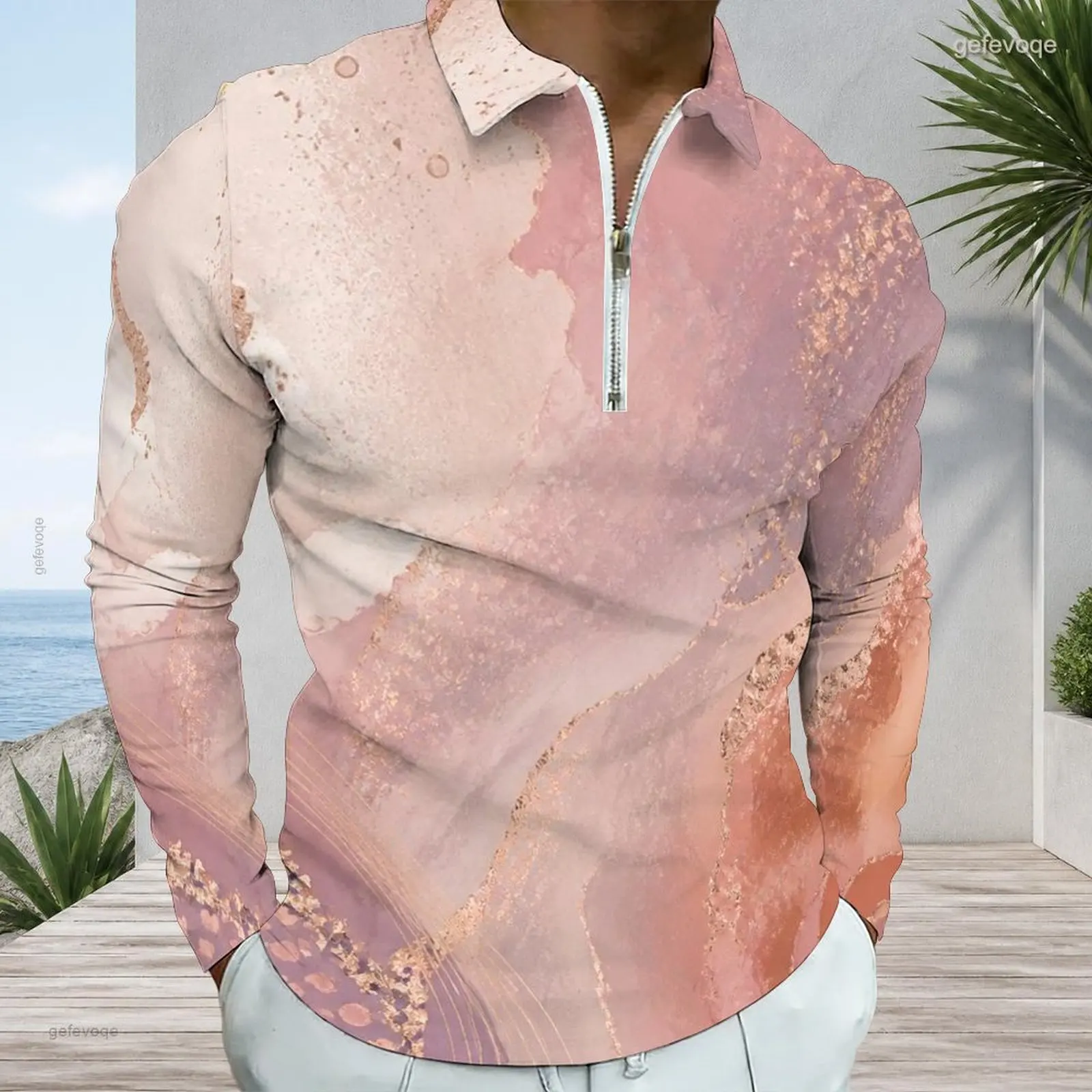 Men Polo Shirt with Print Long Sleeve Collared Neck Quarter Zip