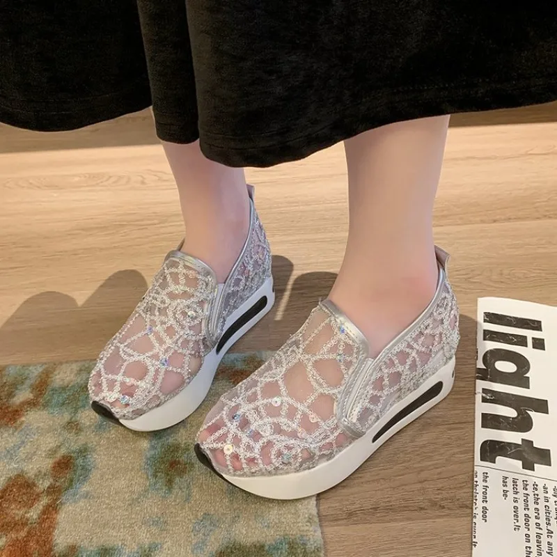 2026 Women Shoes Good Air Permeability Shiny Sequin Breathable Mesh Thick Soles Slip-on Height Increasing Wedges Shoes