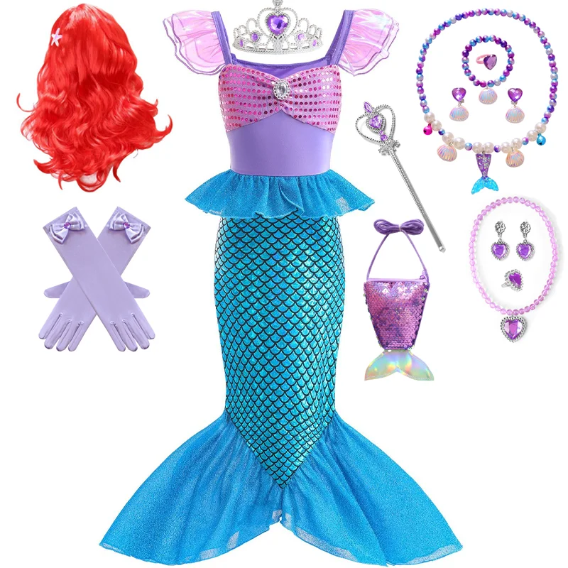 

Girls Mermaid Princess Sleeveless Sequins Fishtail Long Dress+Accessories For Kids Carnival Birthday Halloween Mardi Gras Outfit