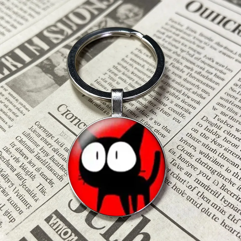 Mixed Style Cartoon Black White Cat Cute Illustrated Kitten Christmas Hat Glass Cabochon Keychain