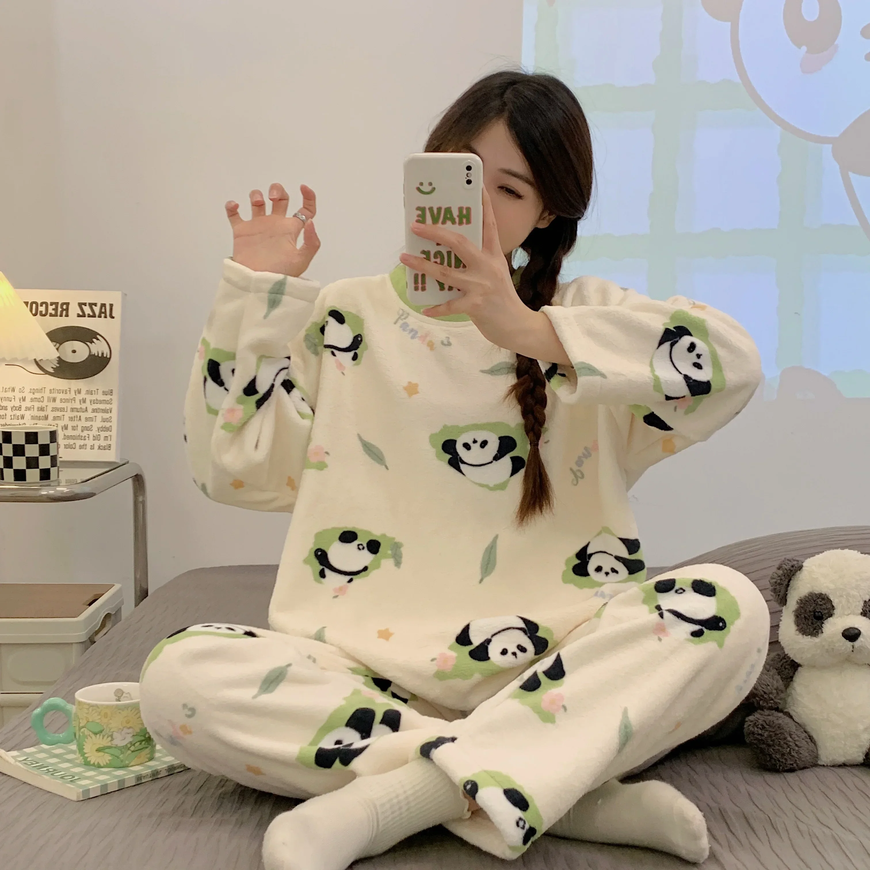 Korean Cute Cartoon Pajama Set Women Pajamas Autumn Winter Flannel Warm Woman Sleepwear Fashion Pijama Mujer Home Cloth Pyjamas