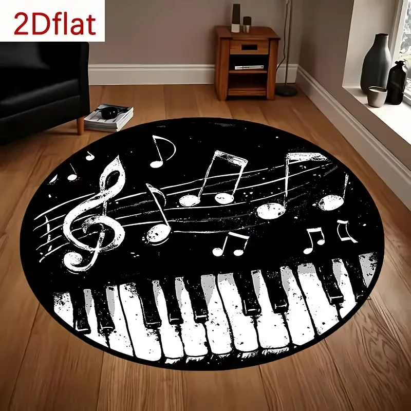 Musical Note & Treble Clef Design Round Rug, Black & White,Living Room, Bedroom, Patio, Garden Yard Decor Entryway Rug Door Mat