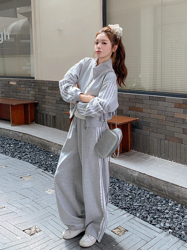 Komplet damski: bluza z koronkowym wykończeniem i szerokie spodnie, casualowy zestaw dwuczęściowy, nowa kolekcja wiosna-jesień, sportowy styl.