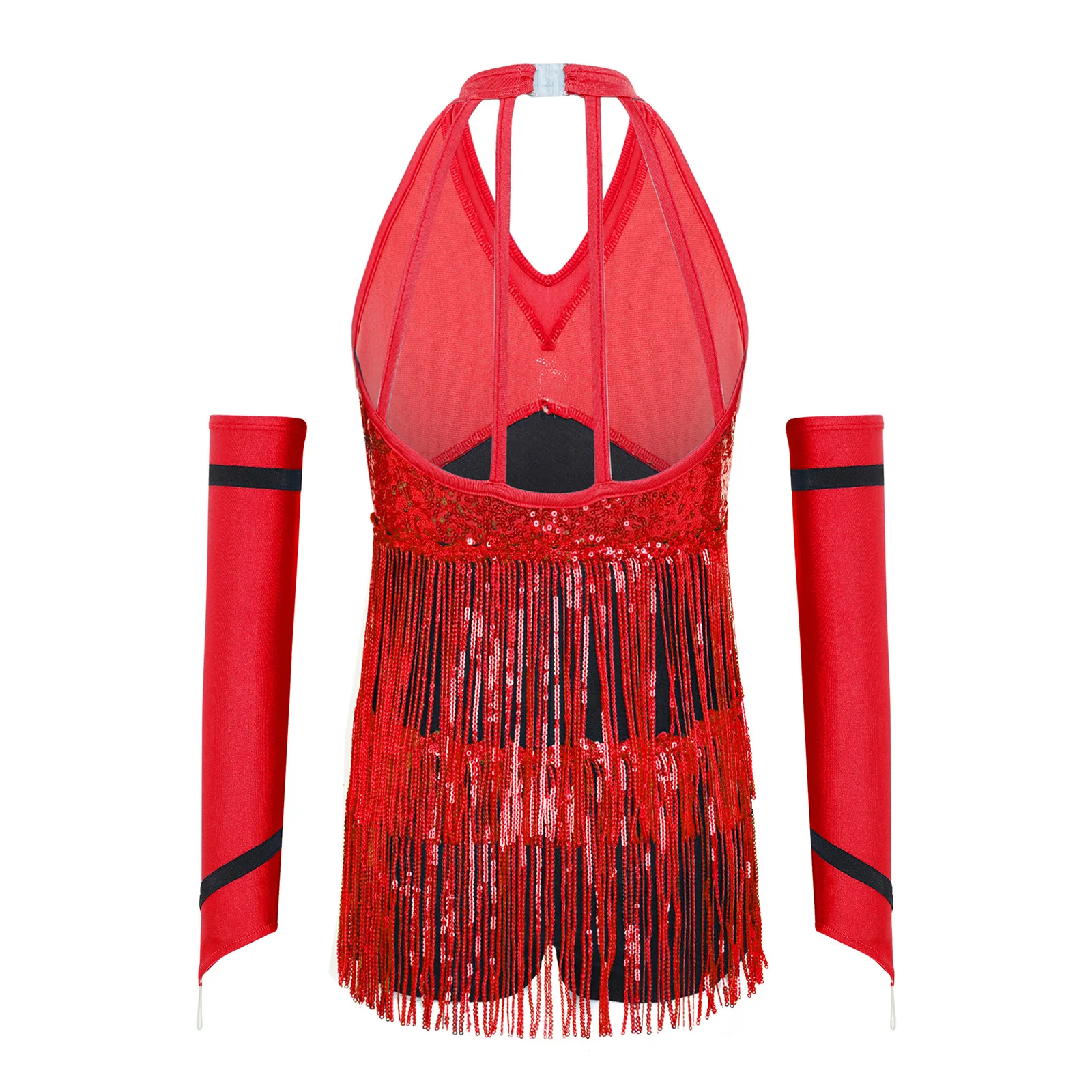 Children Girls Jazz Disco Dance Outfits Halter Sleeveless Strappy Back Shiny Sequins Color Block Latin Leotard with Gloves Set