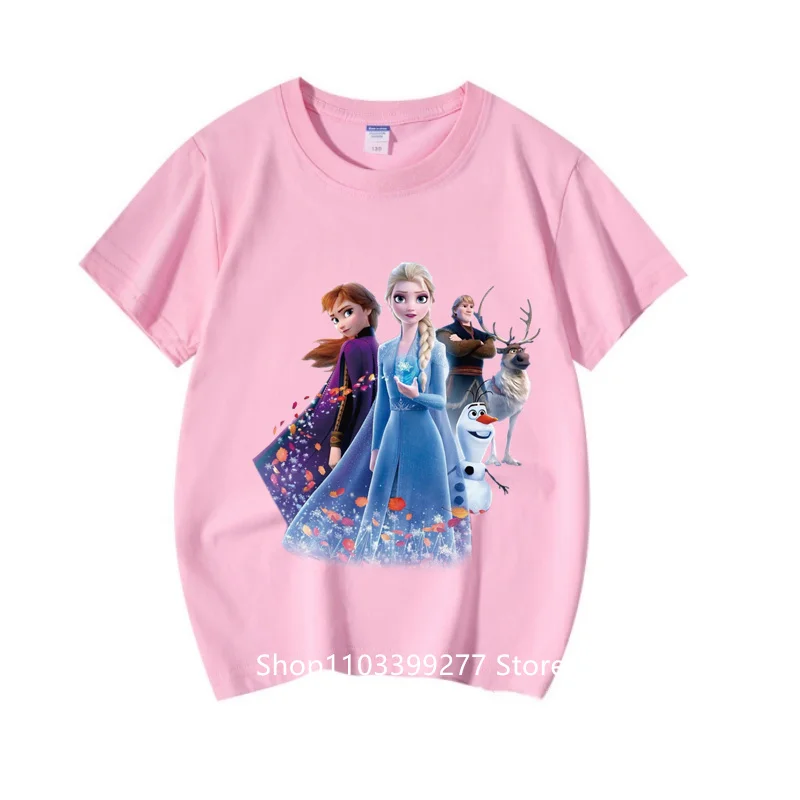 100% Cotton T-Shirt Cartoon Anime Frozen Elsa Summer Kids Casual Sweat Breathable Short Round Neck Child Short Sleeve T-Shirt