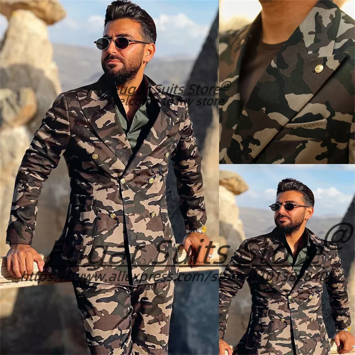 High-quality Outdoors Camouflage Fashion Men Suits Slim Peak Lapel Groom Tuxedos 2Pieces Sets Classic Male Blazers Costume Homme