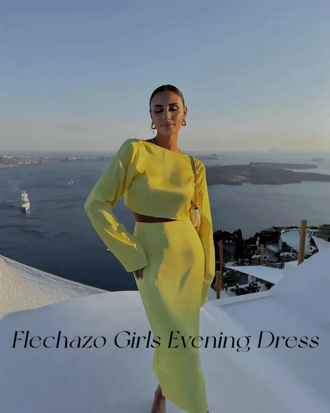 Flechazo Yellow Evening Dresses Two Piece O Neck Tea-Length Simple Party Daily Dress For Women 2024 vestidos de noche