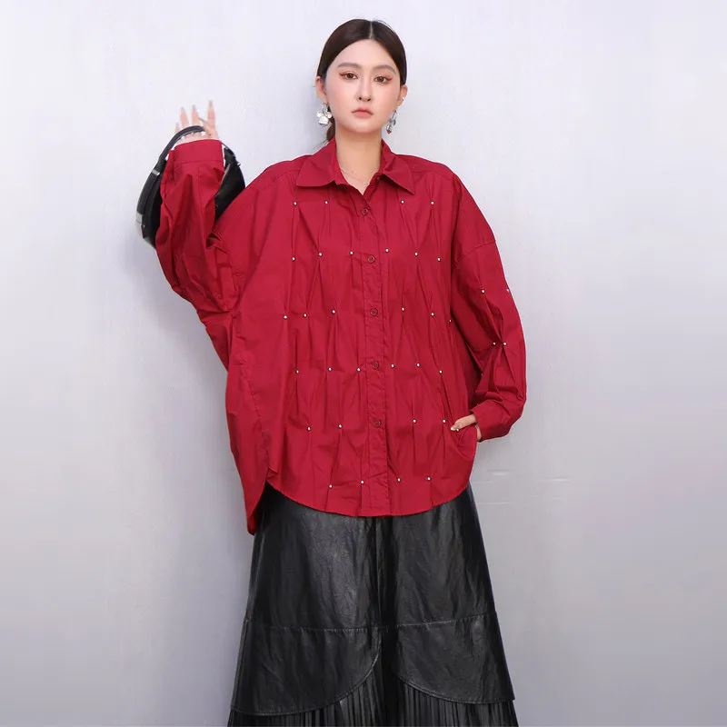 

SuperAen 2026, осенне-зимние новые расклешенные женские свободные свободные однотонные рубашки большого размера с длинными рукавами и вышивкой