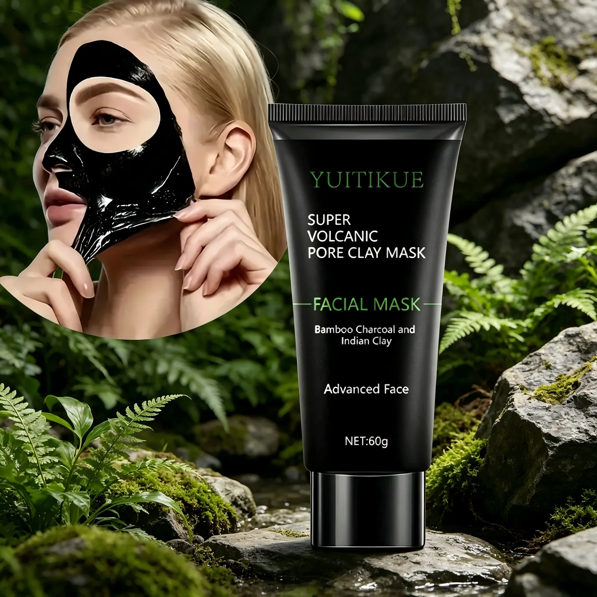 YUITIKUE Pro Super Volcanic Pore Clay Mask Bamboo Charcoal Indian Clay Deep Cleansing Facial Mask 60g