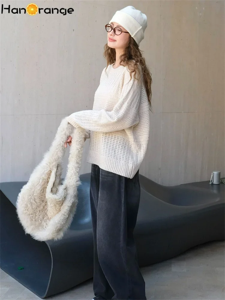 HanOrange 2024 Autumn Lazy Hollow Woven Pullover Wool Knitted Sweater Women Soft Comfortable Knitting Top