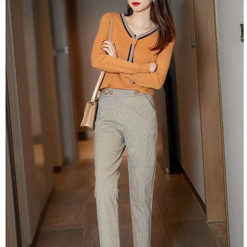 Autumn Winter Fashion V-neck Solid Patchwork Pullovers Women Clothing Elegant All-match Lace Up Long Sleeve Sweaters Knit Tops