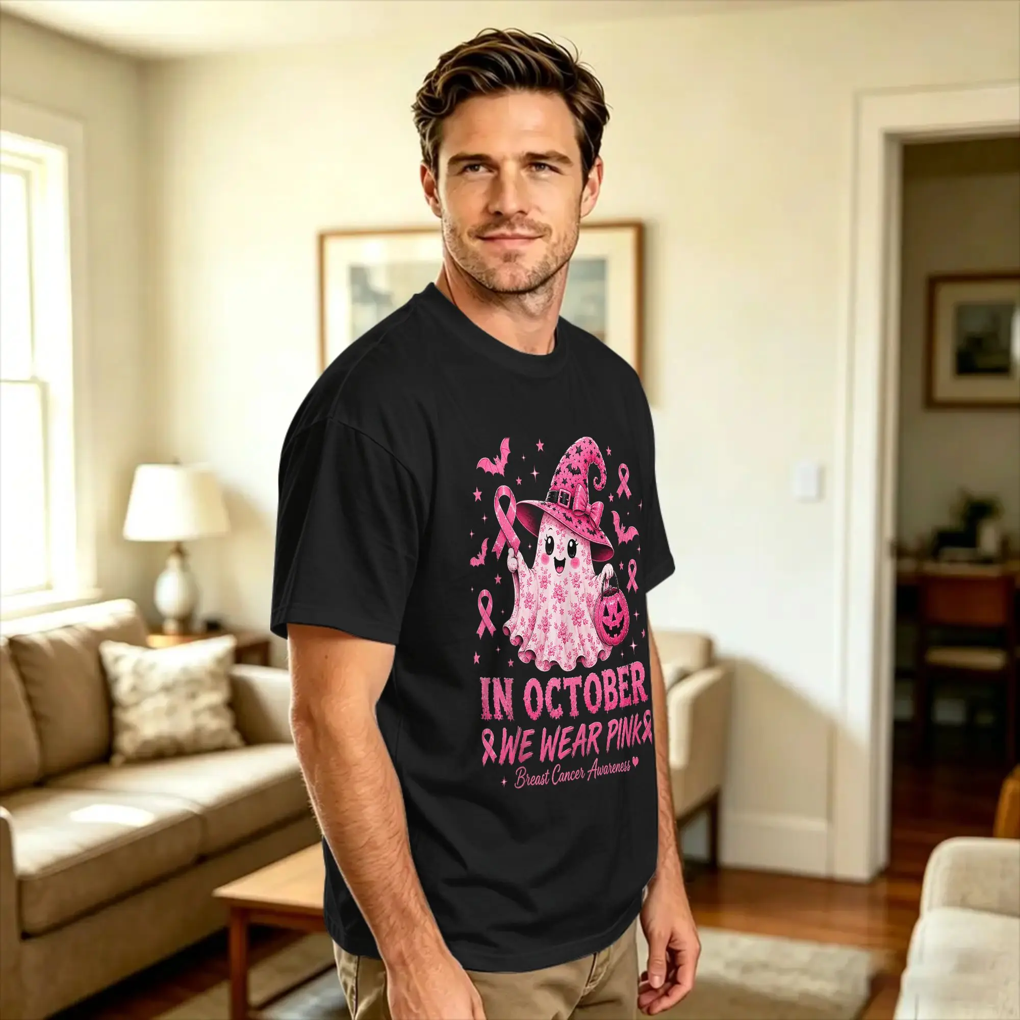 in October We Wear Pink Ghost Breast Cancer T Shirt Summer  Leisure T-Shirts Cotton O-Neck Plus Size 5XL Top Tees Short-Sleeve
