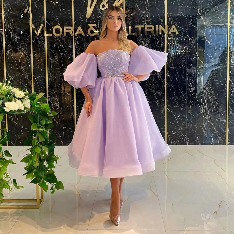 

Lilac Short Prom Dresses 2024 Organza A-Line Lace Bodice Puffy Sleeves Tea-Length Vestido De Noche Formal Dresses For Women