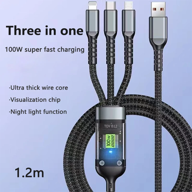 3 in 1 100W Fast Charging Cable USB Type C Cable For iPhone Realme Samsung Huawei 50 pro Micro Usb C Charger Charging Cable Wire