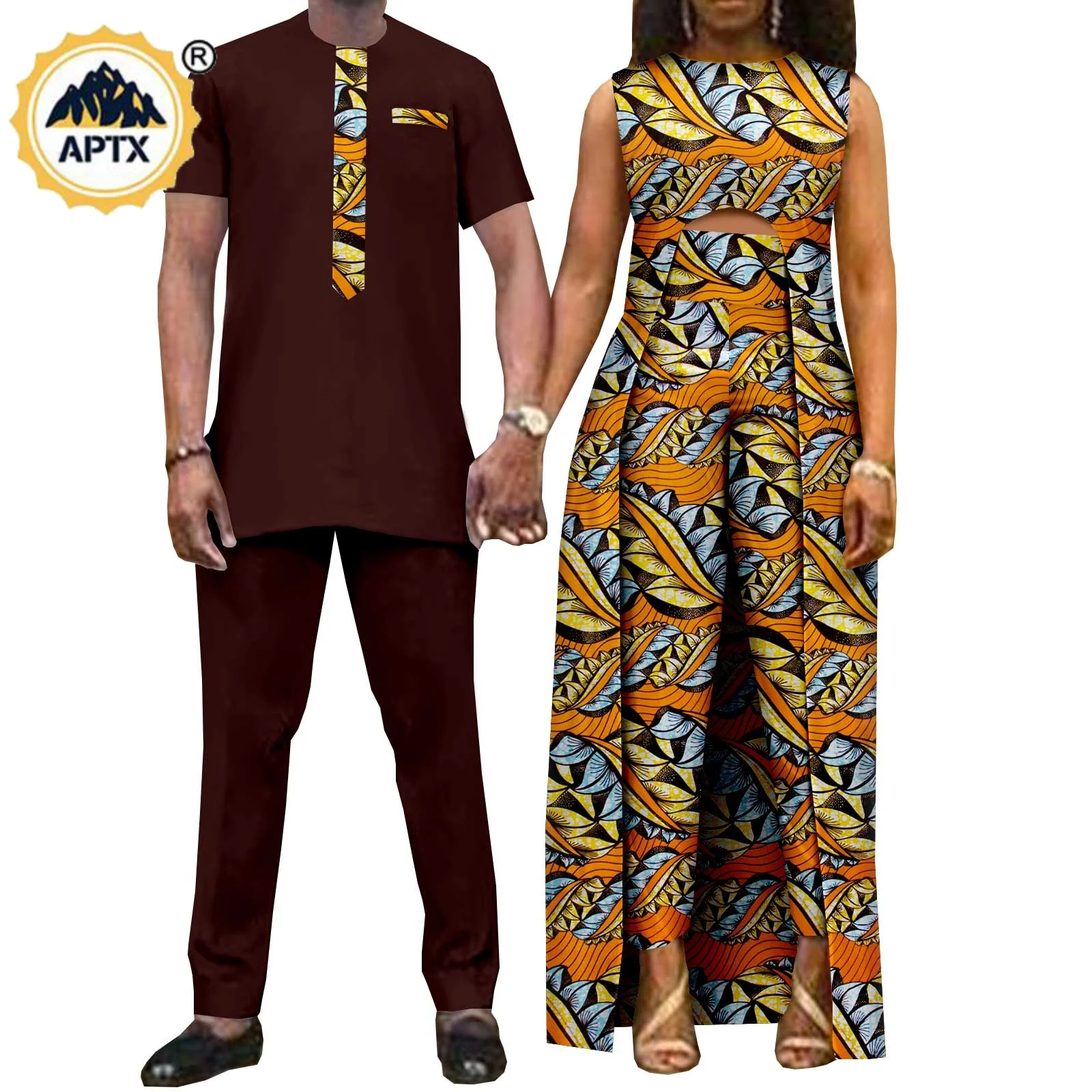 African Clothes for Men Matching Couple Outfits Dashiki Sexy Women Print Long Top Dress and Pant Sets Bazin Riche Kaftan Y22C068