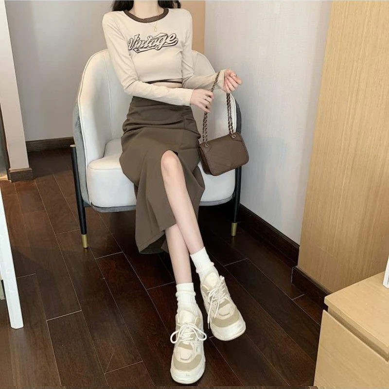 Midi Skirts Women Elegant Office Lady Folds Designed Chic Side-slit Spring Aesthetic Faldas Korean Style Daily All-match Temper